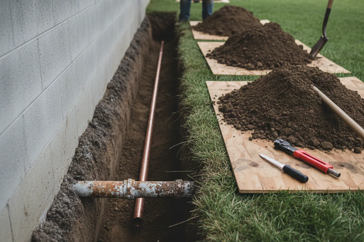 Excavated water line trench during Water Heater Repair in New Buffalo